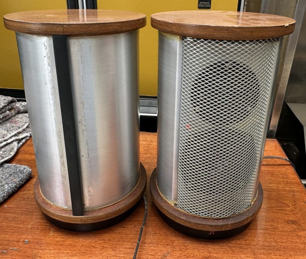 THB12682 Jim Rogers JR model 149 loudspeaker cylindrical teak and stainless  steel with diamond mesh speaker covers (1978) pair • Trevor Howsam Limited  (Boston)